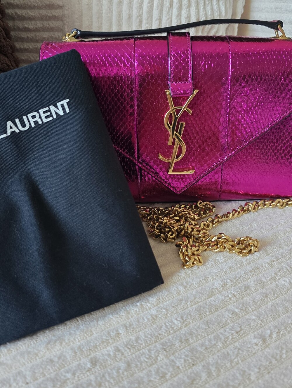 Saint Laurent Metallic Small Kate Snakeskin Fuchsia Chain Bag, Rare Exotic!